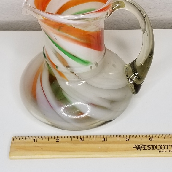 Hand Blown Art Glass Pitcher Orange Green White Swirl Design 20oz - Picture 11 of 12